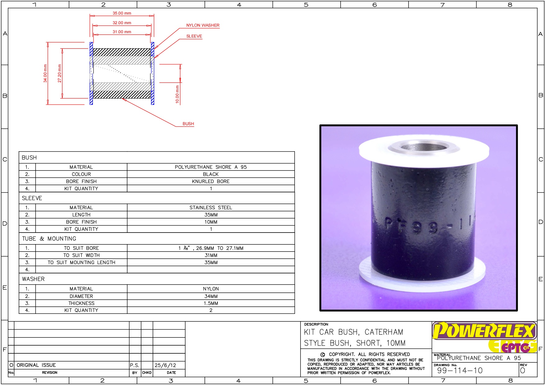 Universal Kit Car Bush Caterham Type, 35mm Long, 10mm Bolt Kit Car Range, Parallel Bushes, road