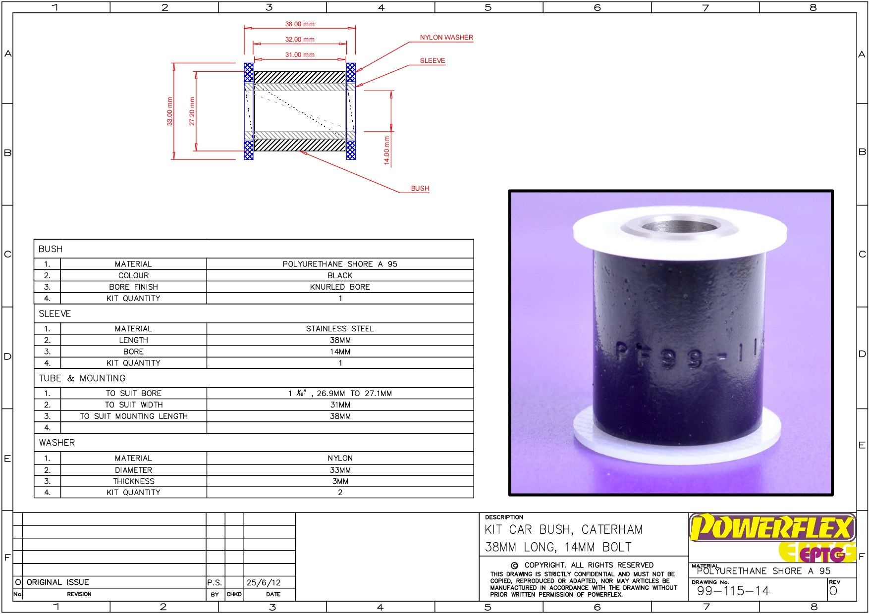 Universal Kit Car Bush Caterham Type, 38mm Long, 14mm Bolt Kit Car Range, Parallel Bushes, road