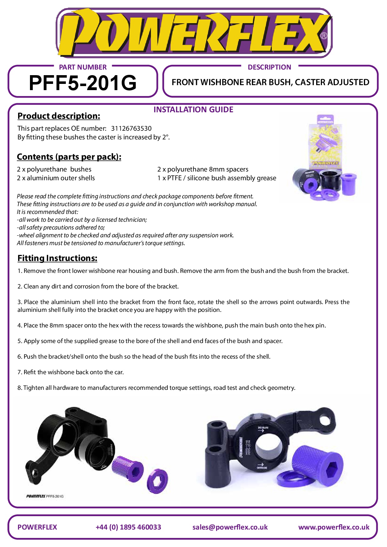 Voorste draagarm, achterste bus, caster aangepast R55 Clubman Gen 1, R56/57 Gen 2, R58 Coupe, R59 Roadster, straat