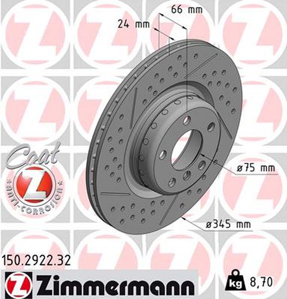 Rear perforated brake disc Zimmermann 345mm F20-23, F30 - Small diameter handbrake (2pc.)