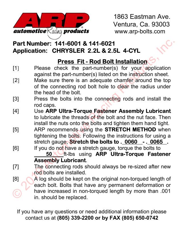 Chrysler 2.2L drijfstangboutenset, 2 stuks