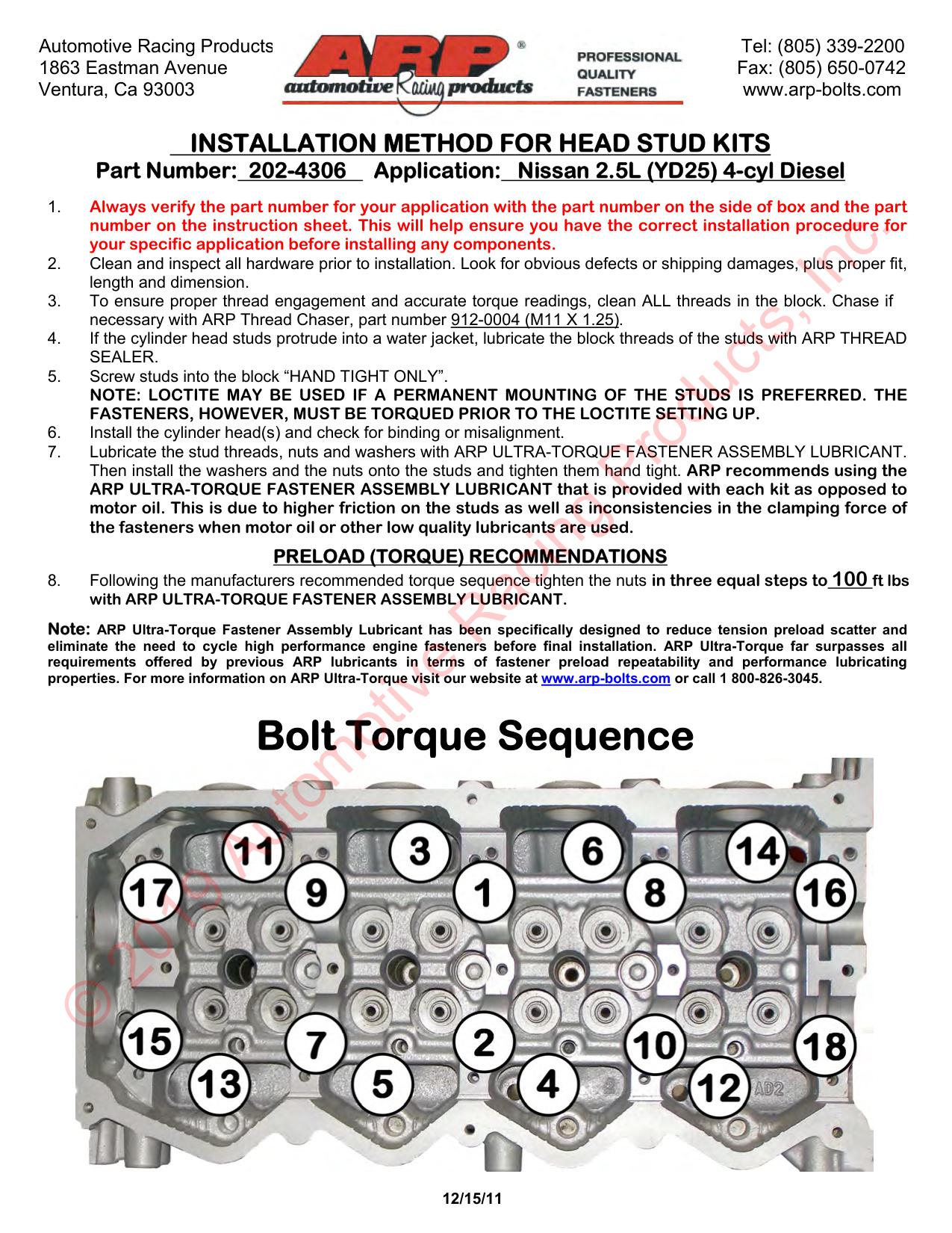 NISSAN 2.5L (YD25) 4-CYL DIESELKOP STUD KIT