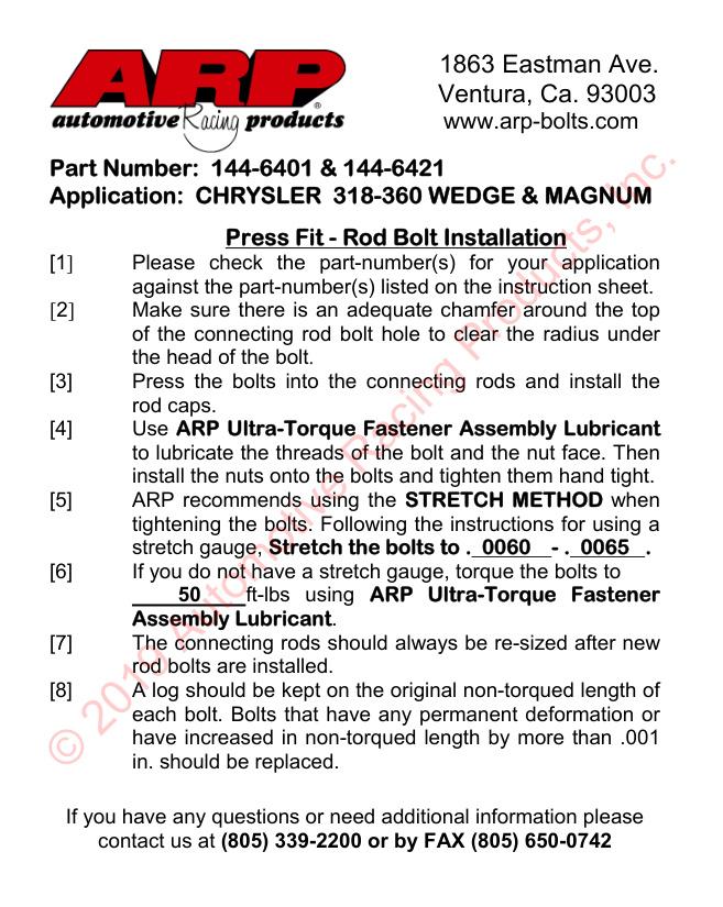 Chrysler 318-340-360 cid, wave-loc drijfstangbouten